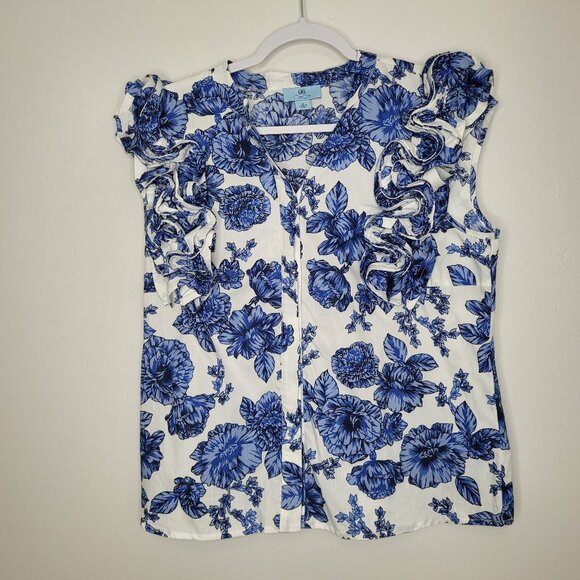Cece blue white preppy 3d flower button front coastal classic boxy top size med - Picture 1 of 8